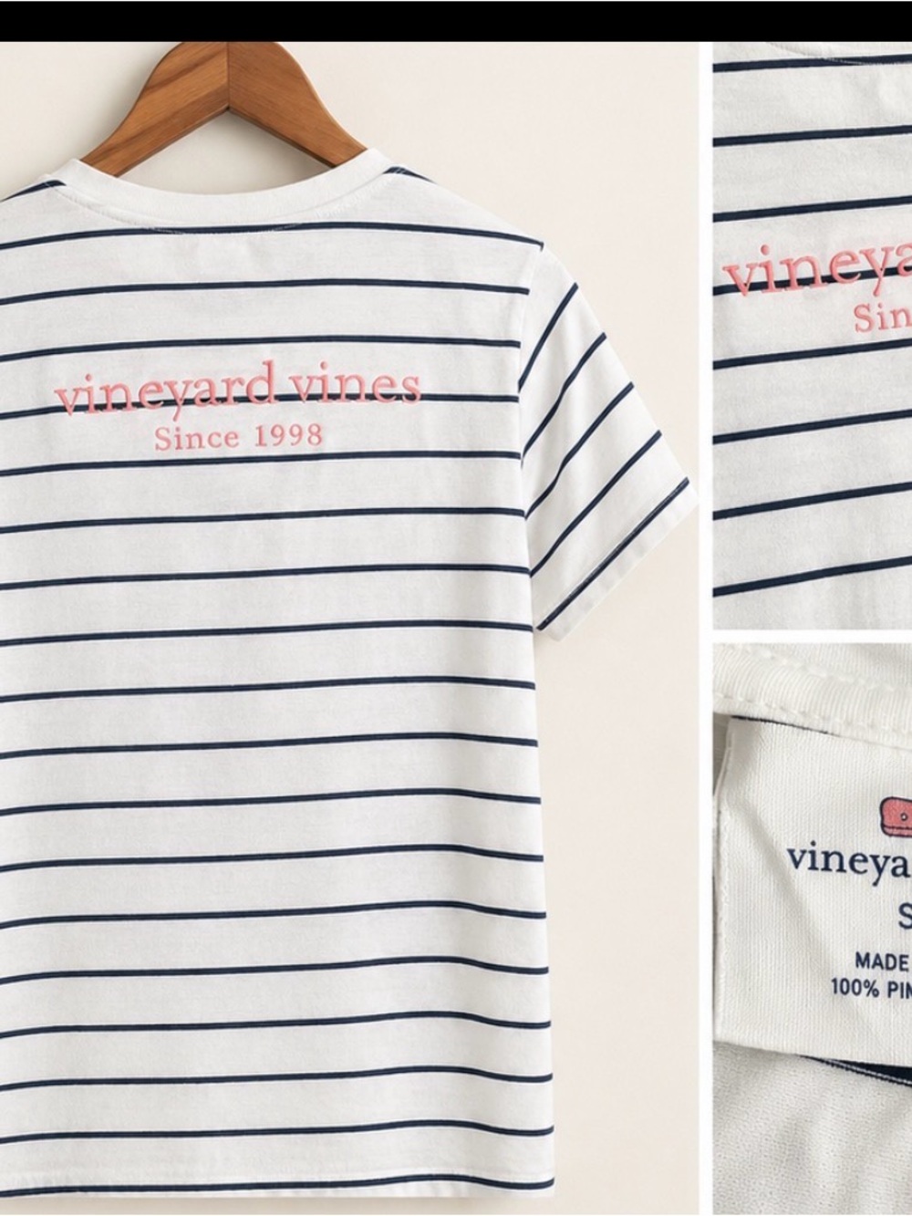 Vineyard Vines White & Navy Striped Logo Tee w pink embroidery excellent cond, S